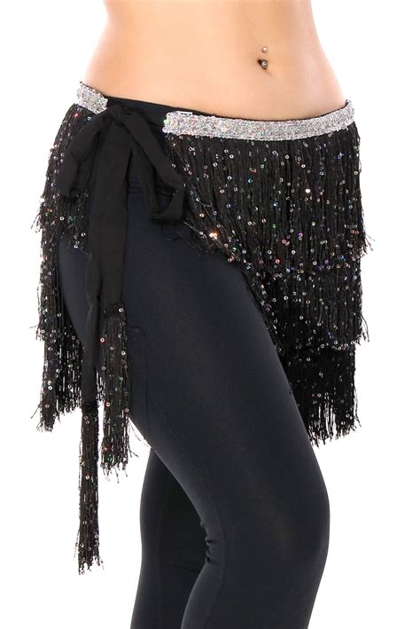 Black And Silver Sparkle Fringe Hip Scarf At Bellydance