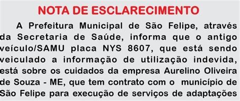 Nota De Esclarecimento Prefeitura Municipal De São Felipe Através Da