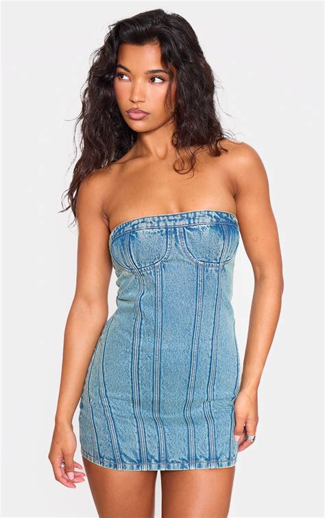 Vintage Wash Strapless Corset Denim Bodycon Dress Denim