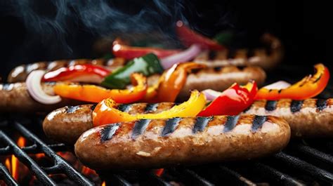 Premium Ai Image Grilled Sausages And Vegetables On A Flaming Bbq