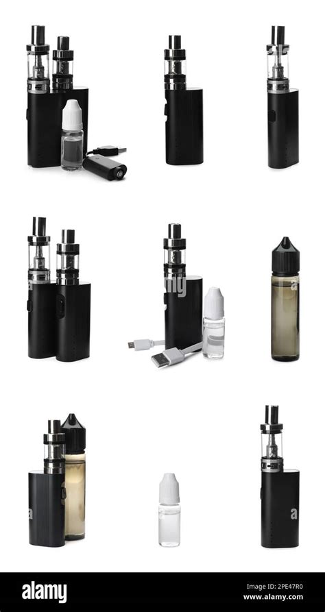 Set with electronic smoking devices on white background Stock Photo - Alamy