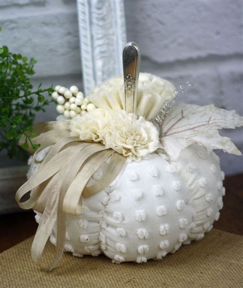 Fall Pumpkin Crafts White Pumpkin Decorated With Flowers And Ribbon