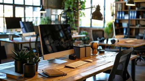 Contemporary Office Desk Setup with Room Stock Illustration ...