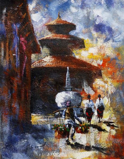 Nepali Traditional Handmade Painting Art Of People At Temple Area 145