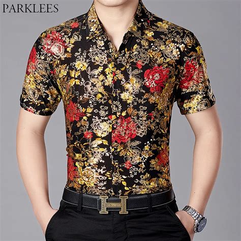 Gold Bronzing Floral Silk Shirt Men Luxury Brand Design Slim Fit