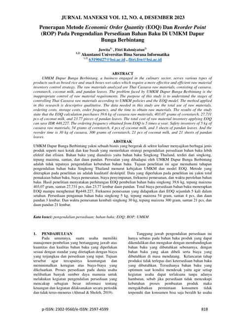 Pdf Penerapan Metode Economic Order Quantity Eoq Dan Reorder Point