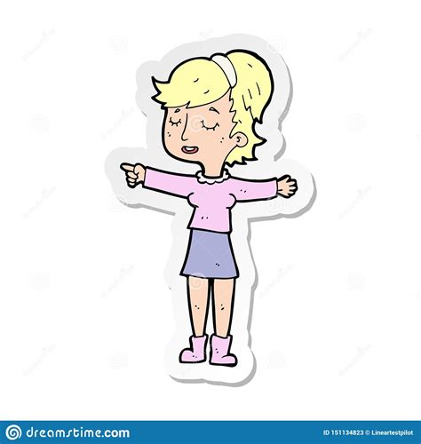 A Creative Sticker Of A Cartoon Happy Woman Pointing Stock Vector