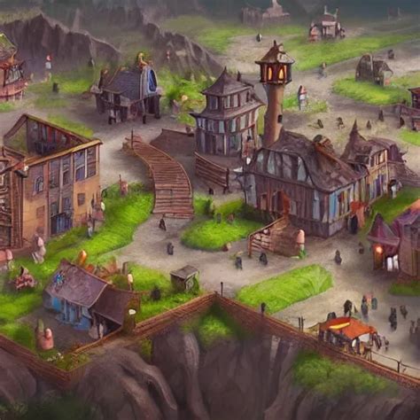 Large Fantasy Town Filled With People Game Concept Stable Diffusion