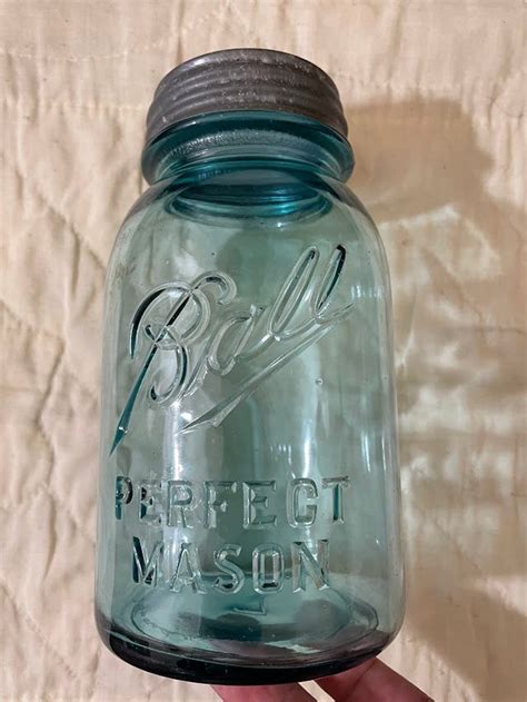 Vintage Ball Perfect Mason Blue Glass Jar 7 With Metal Glass Lined Lid