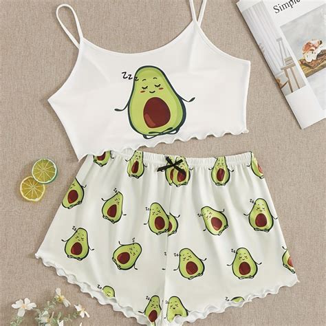 Avocado Print Pajama Set Crew Neck Lettuce Trim Cami Top And Bow Shorts