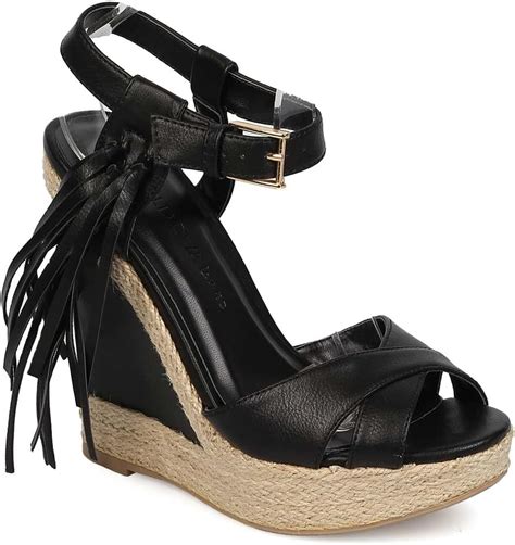 Wild Diva Women Leatherette Peep Toe Tassel Espadrille Wedge Sandal Eg07 Black