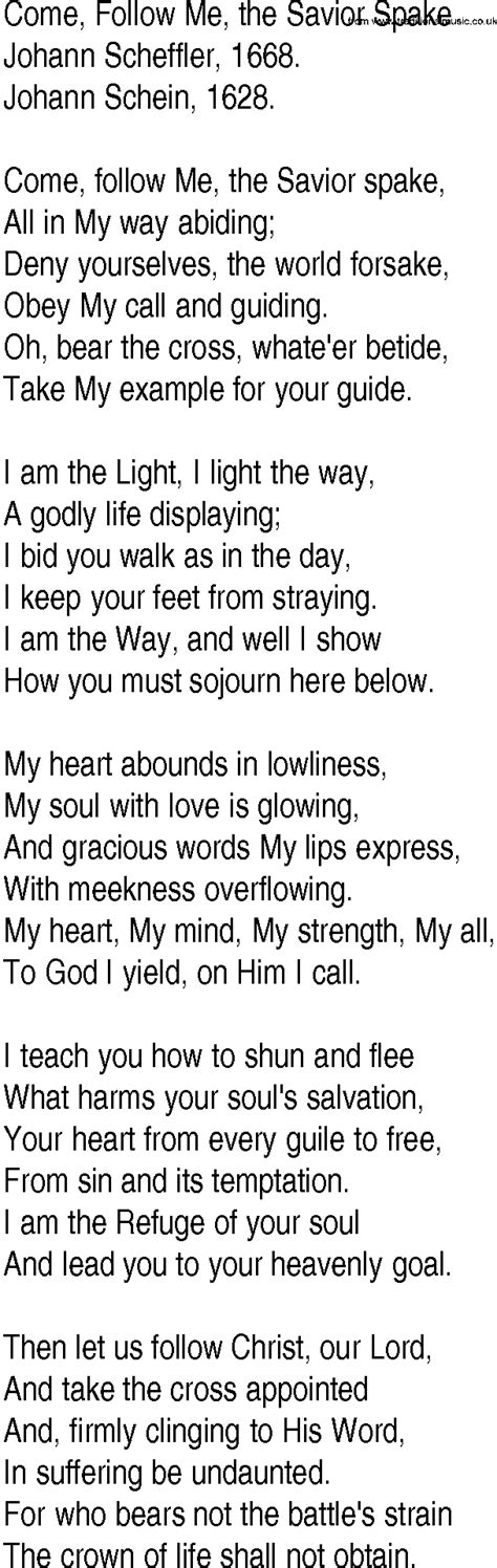 Hymn and Gospel Song Lyrics for Come, Follow Me, the Savior Spake by ...