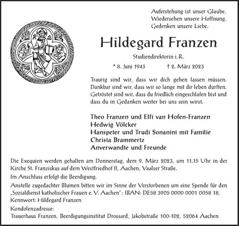 Traueranzeigen Von Hildegard Franzen Aachen Gedenkt