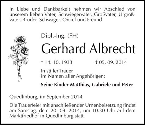 Traueranzeigen Von Gerhard Albrecht Abschied Nehmen De