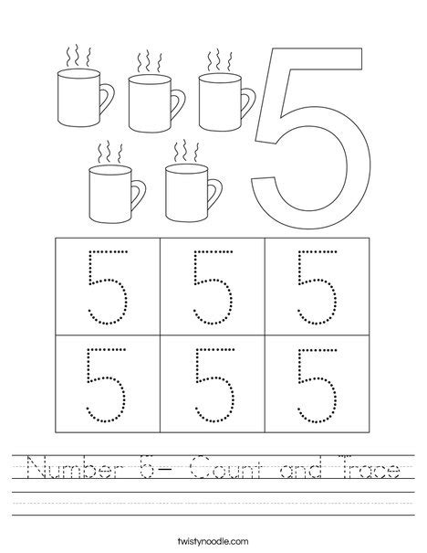 Number 5 Count And Trace Worksheet Twisty Noodle