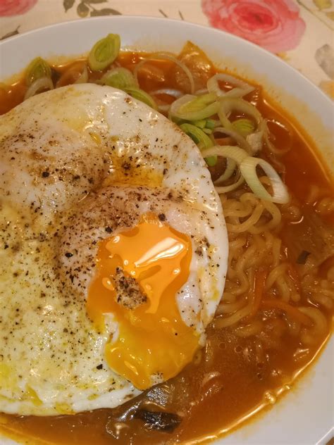 Spicy Hot Shin Ramyun With An Egg Rice Cakes Vegetables Cooked In And