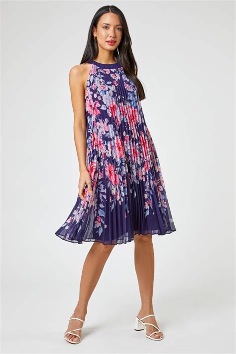 High Neck Floral Print Pleated Swing Dress In Navy Roman Originals Uk