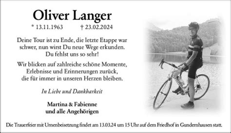 Traueranzeigen Von Oliver Langer Vrm Trauer De