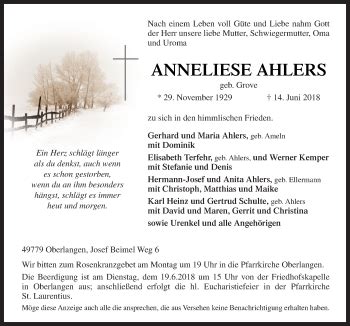 Traueranzeigen Von Anneliese Ahlers Noz Trauerportal