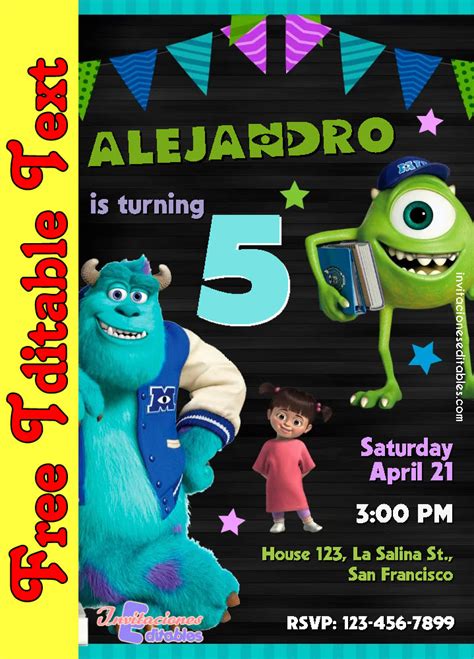 Free Editable Template Monster Inc Invitation