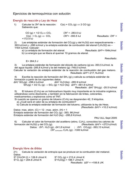 Ejercicios de termoquímica con solución