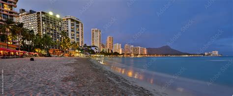 Waikiki Beach, Honolulu, Oahu at Dusk Stock Photo | Adobe Stock