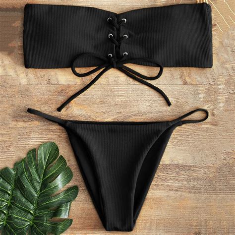 ZAFUL Lace Up Bandeau Tanga Bikini Set mujeres Sexy acolchado bañador