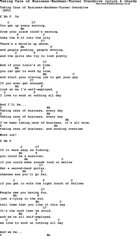 Love Song Lyrics for:Taking Care of Business-Bachman-Turner Overdrive ...