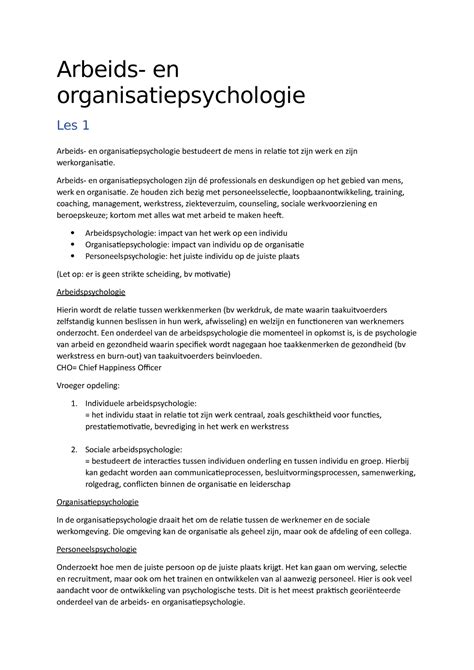 Arbeids En Organisatiepsychologie Samenvatting Arbeids En