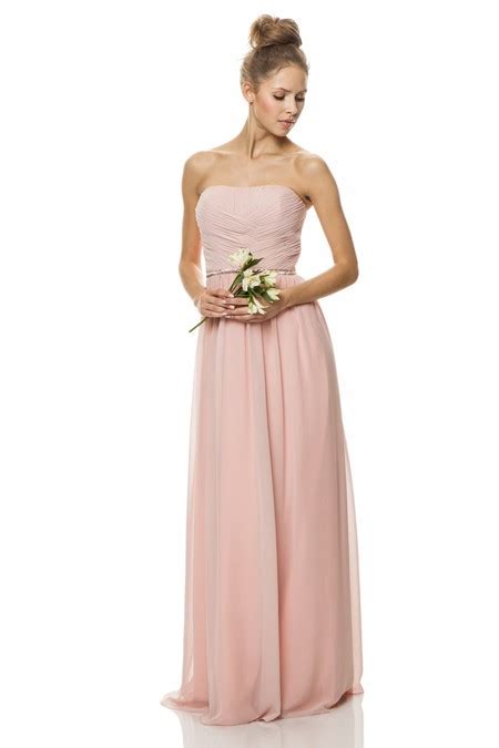 A Line Strapless Long Pearl Pink Chiffon Wedding Party Bridesmaid Dress Beaded Belt