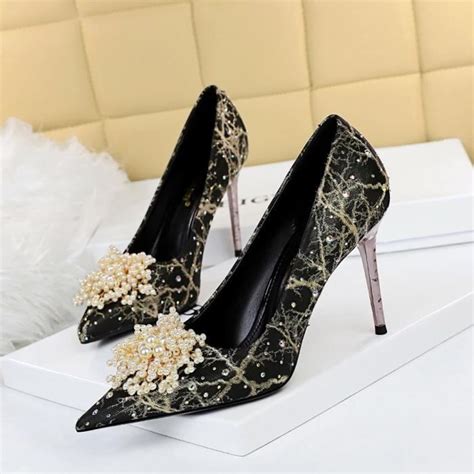 Escarpin Femme Noir Talon Fin Embouchure Pointue Strass Perles