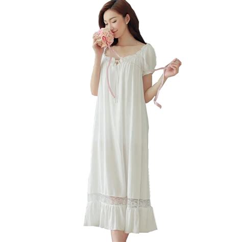 Women Long White Nightgown Cotton Short Sleeve Sexy Nightwear Vestido