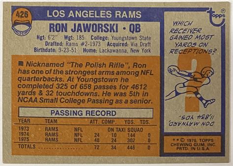 Ron Jaworski 1976 Topps Los Angeles Rams Football Rookie Card KBK Sports