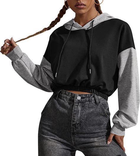 Anggrek Womens Casual Color Block Cropped Hoodie Long Sleeve Crop