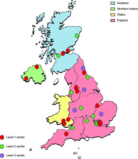 Map of participating UK centres. Level 1 -district general hospital ...