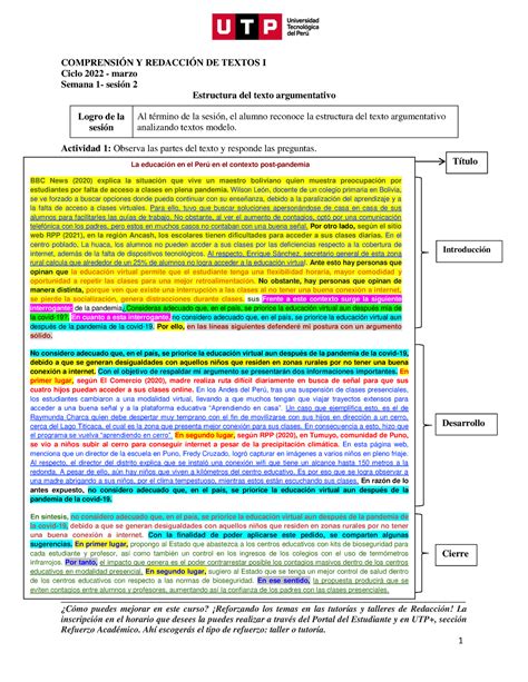 Semana 01 S2 Material Estructura Del Texto Argumentativo 2022 Marzo