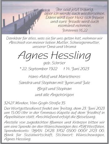 Traueranzeigen Von Agnes Hessling Trauer Ms