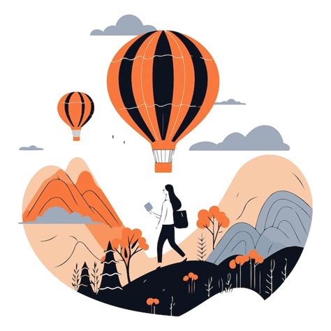 Premium Vector Vector Illustration Of A Woman Flying In A Hot Air Balloon Over The Mountains