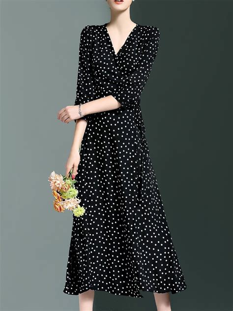 Shop Midi Dresses Black Polka Dots Elegant Wrap A Line Midi Dress Online Discover Unique