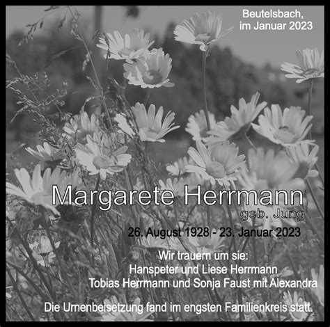 Traueranzeigen Von Margarete Herrmann Zvw Trauer