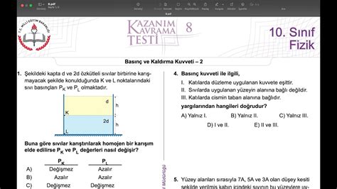 10 SINIF MEB FİZİK KAZANIM KAVRAMA TEST 8 ÇÖZÜM 2022 2023 YouTube