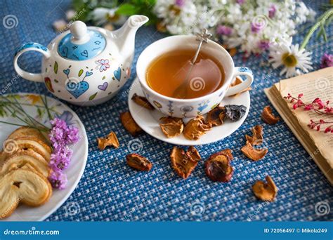 Kopp Te Med Boken Och Blomman Fotografering för Bildbyråer Bild av