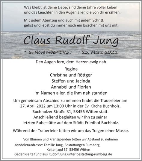 Traueranzeigen Von Claus Rudolf Jung Trauer In Nrw De