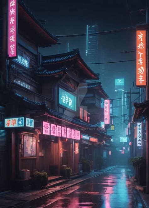 Japanese neon-lit street by ArtsFuture on DeviantArt