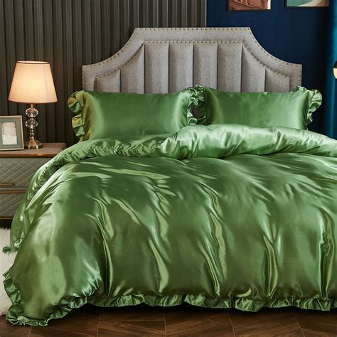 Romantic Ruffle Satin Silk Duvet Cover Queen Size Green Luxury Solid Color Bedding Set Cooling