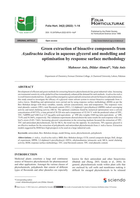 PDF Green Extraction Of Bioactive Compounds From Azadirachta Indica