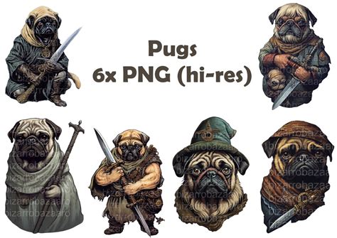 Dressed up Pugs Fantasy Characters Cliparts PNG Files (x6) With Clear ...