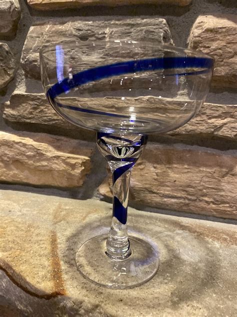 Pier Imports Swirline Cobalt Blue Swirl Mouth Blown Margarita Glass