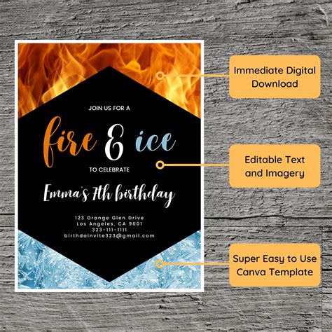 Fire and Ice Theme Birthday Party Invitation Template, Hot Cold Flame Heat Freeze Icy Frost ...