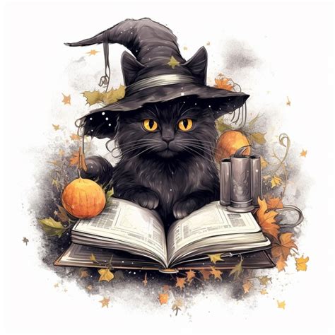 Premium AI Image There Is A Black Cat Wearing A Witch Hat And Reading